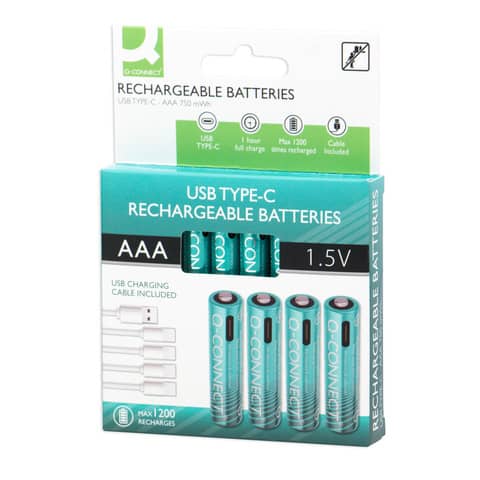 Batterie ricaricabili Q-Connect AAA con cavo USB-C - 750 mAh - 1,5V conf. 4 pz - KF14130